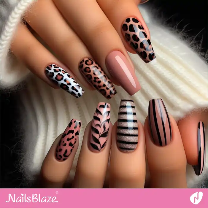 Striped Nails and Leopard Print Design | Animal Print Nails - NB2563